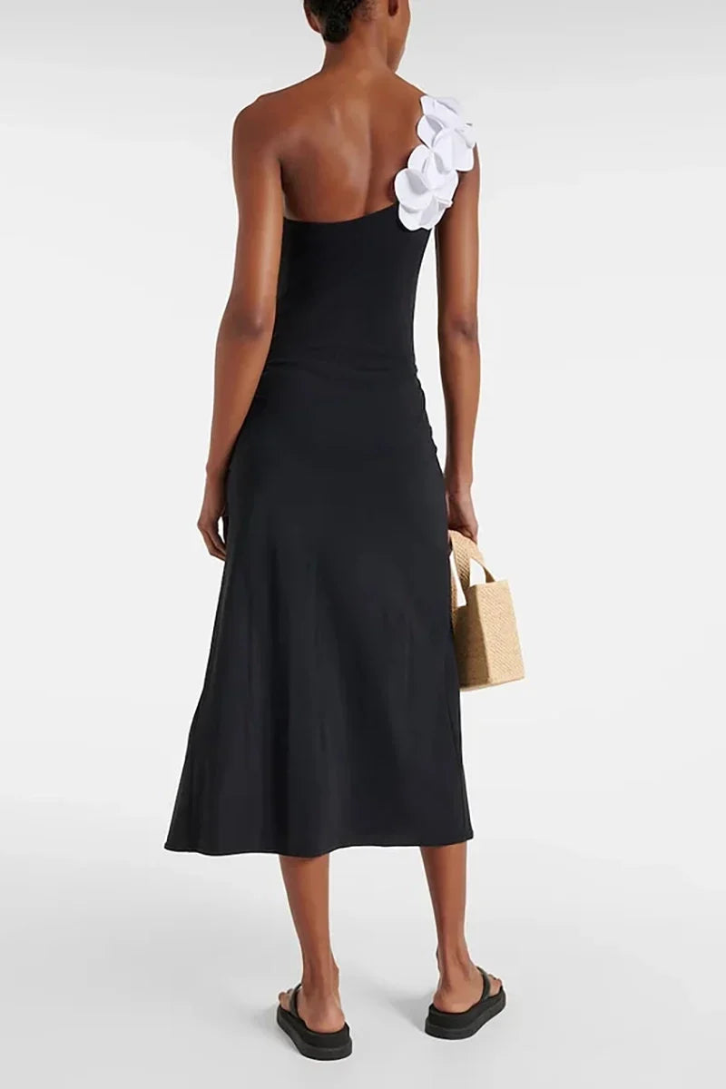 3D Flower One-Shoulder Black Swimsuit