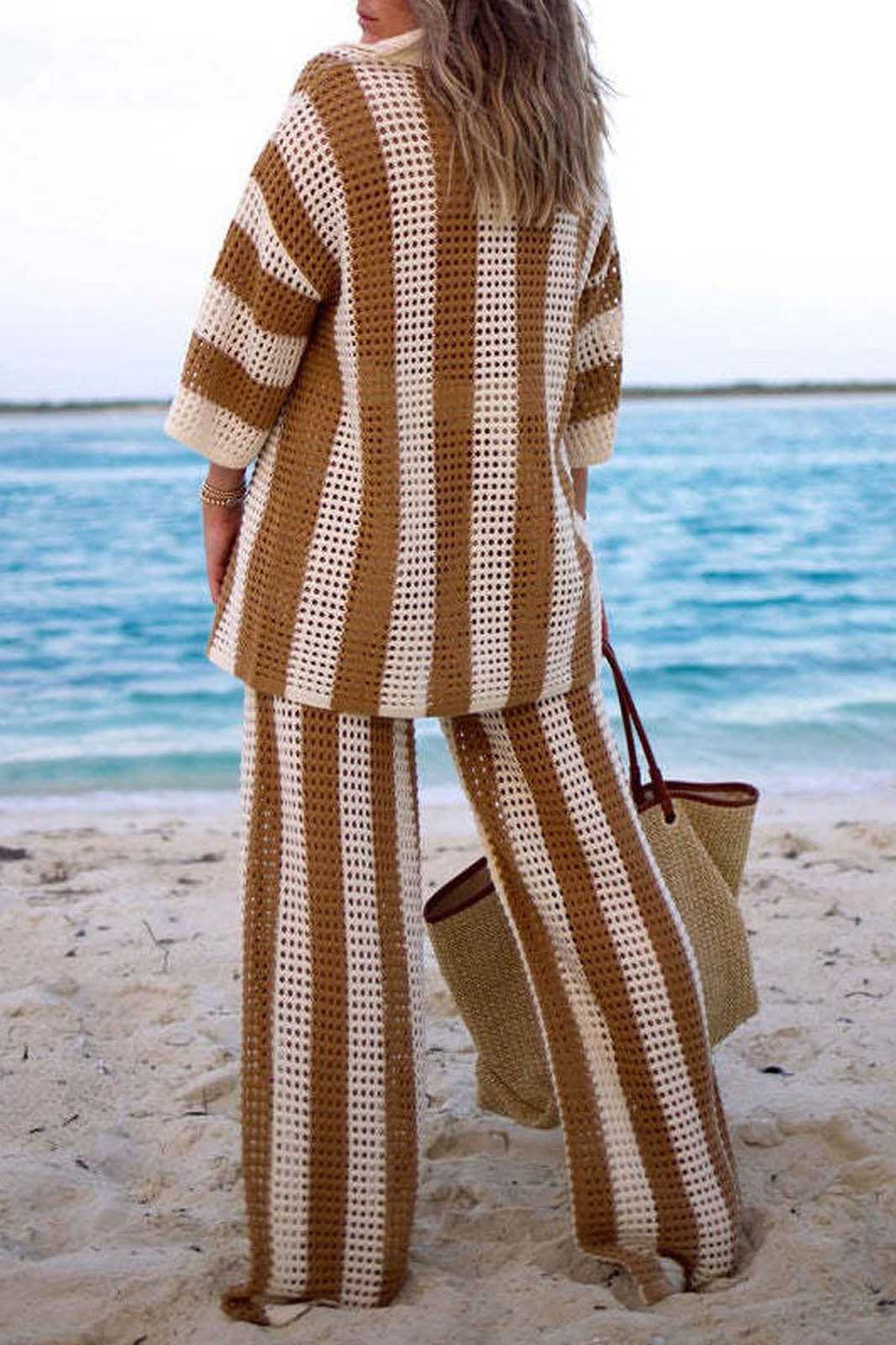 Coordinated Hollow Striped Shirt Knit Set