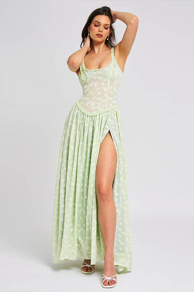 Hot Girl Open-Back Ruched Slit Strap Midi-Length Dress