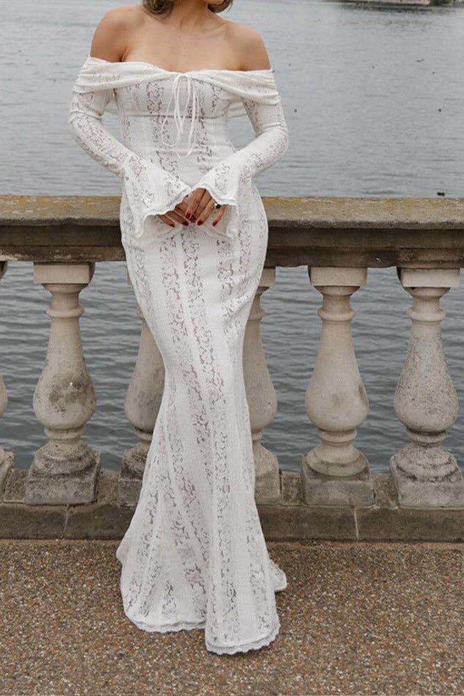Modern Lace Flared Sleeve off-Shoulder Dress