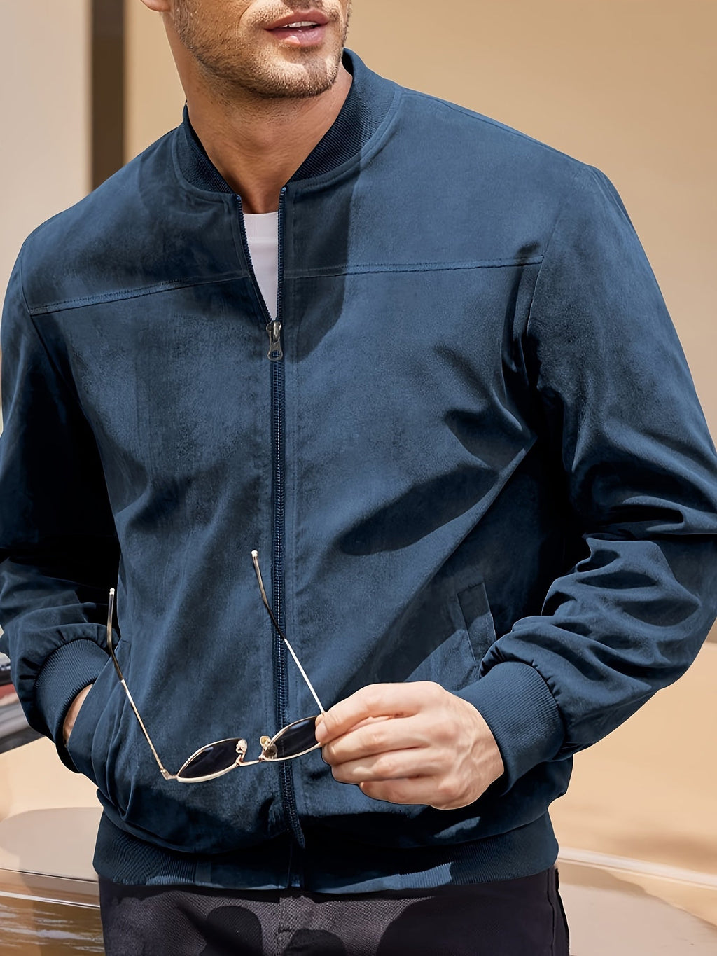 Suede Leather Jacket with Multiple Pockets