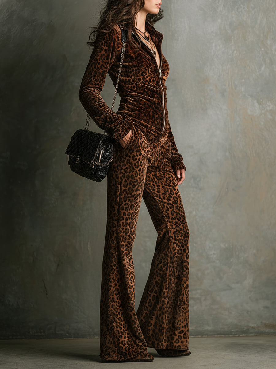 Retro Velvet Leopard Print Stand Collar Top & Flared Trousers Set