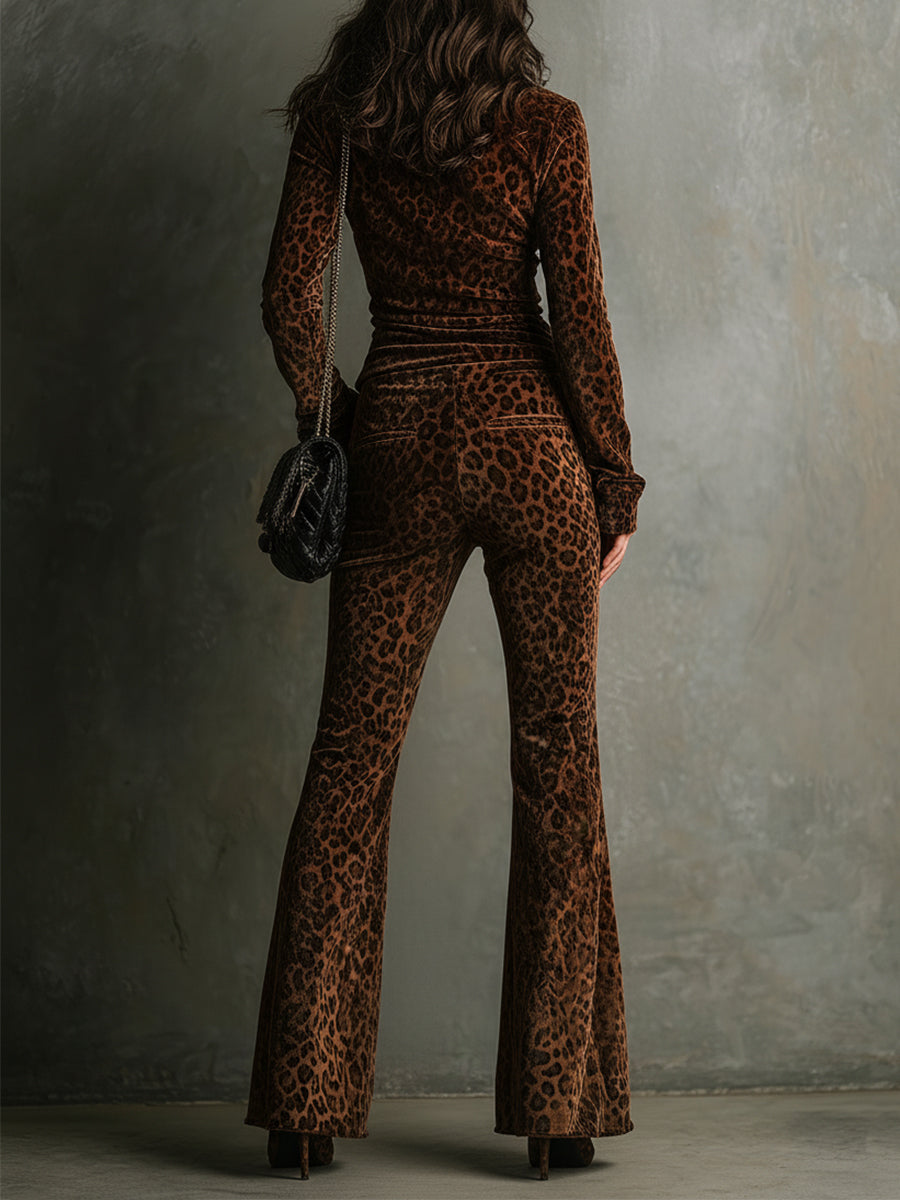 Retro Velvet Leopard Print Stand Collar Top & Flared Trousers Set