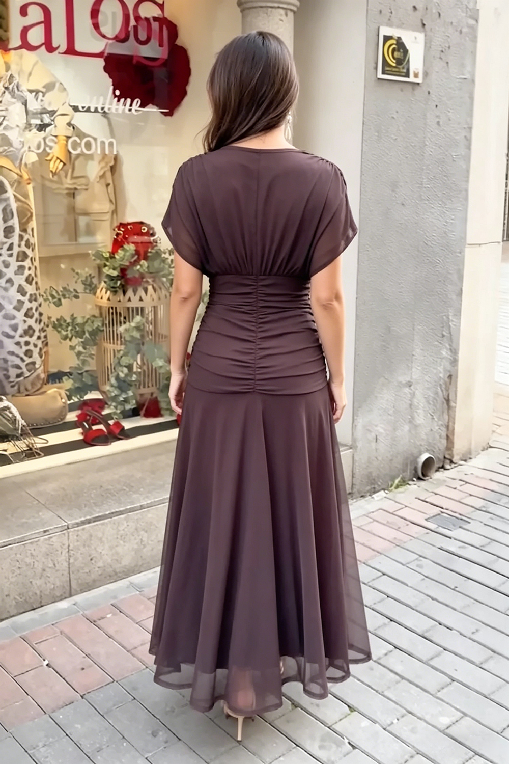 V-Neck Mesh Midi-Length Dress