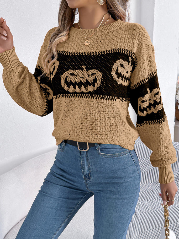 Modern Halloween Pumpkin Head Color-Block Crew Neck Knit Sweater