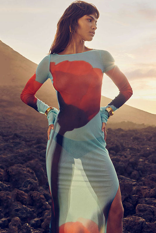 Abstract Print Sheer Maxi-Length Dress