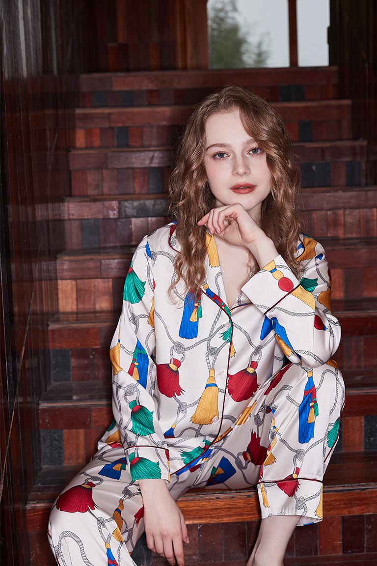 Coordinated Fringed Pattern Ice Silk Long Sleeve Loungewear Set