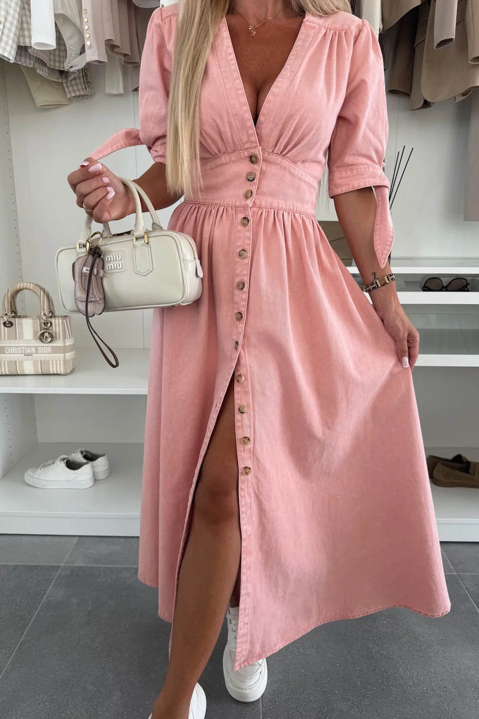 Clean-Lined V-Neck Buttoned Denim Gown