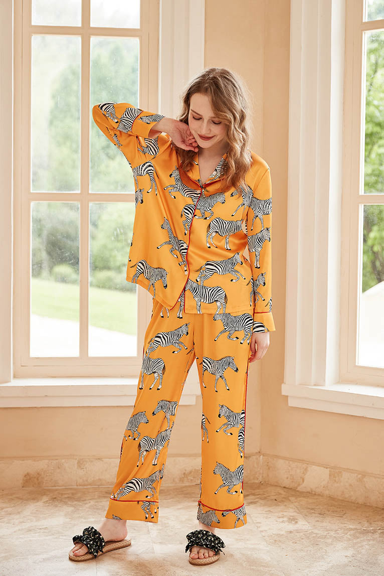 Coordinated Zebra Print Long Sleeve Loungewear Set - Yellow