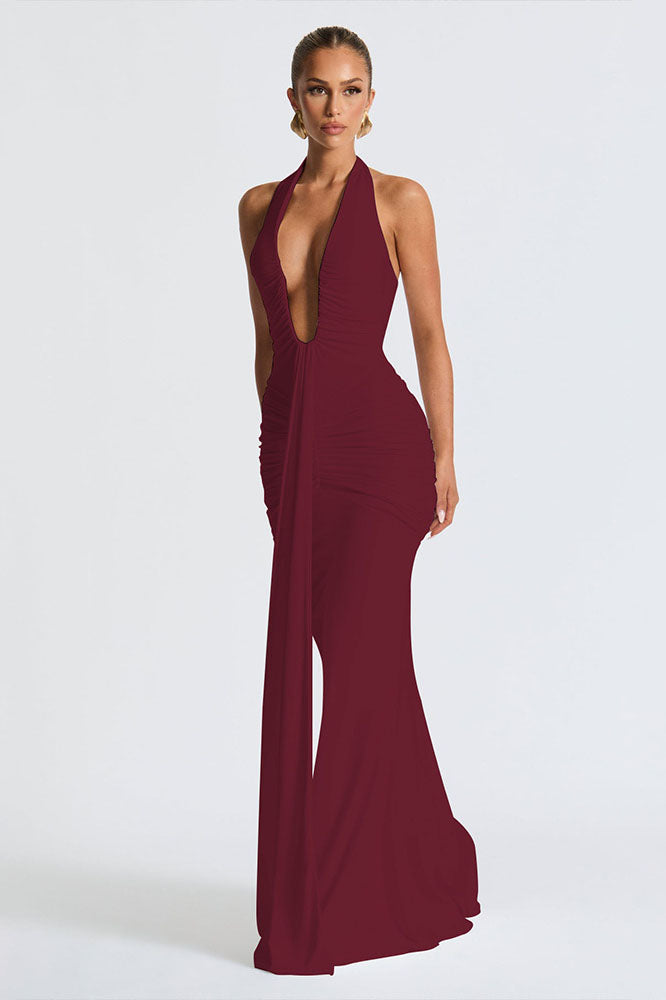 Halter Deep V Mermaid Maxi-Length Dress