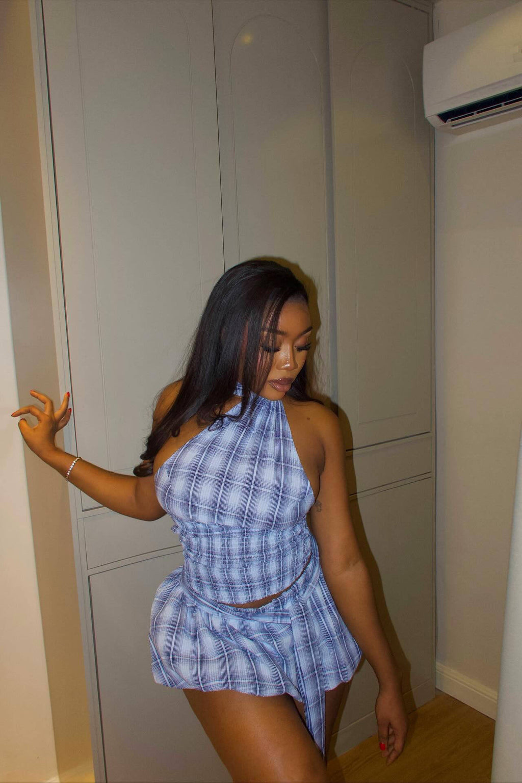 Coordinated Smocked Waist Plaid Skirt Set