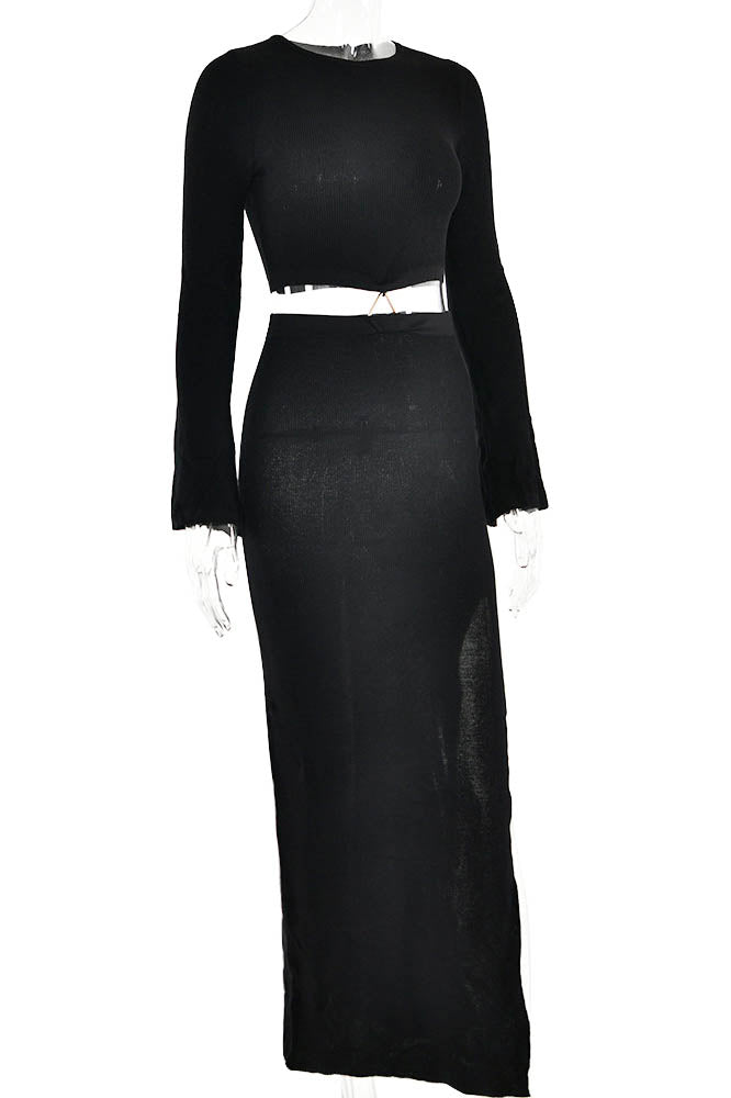 Crew Neck Knit & Slit Skirt Set