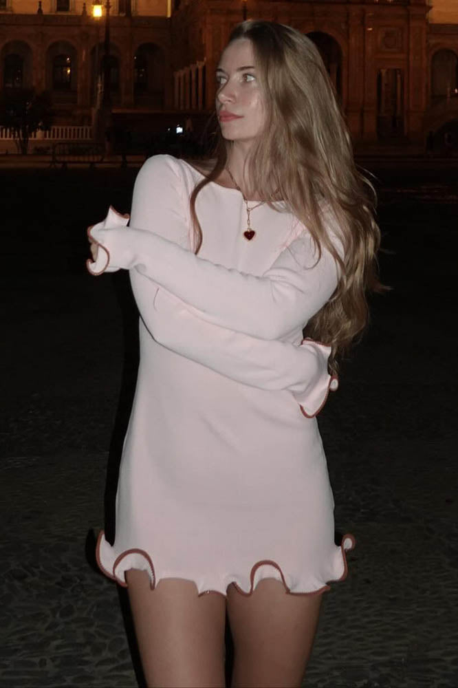 French-Inspired Ruffled Edge Knit Mini-Length Dress