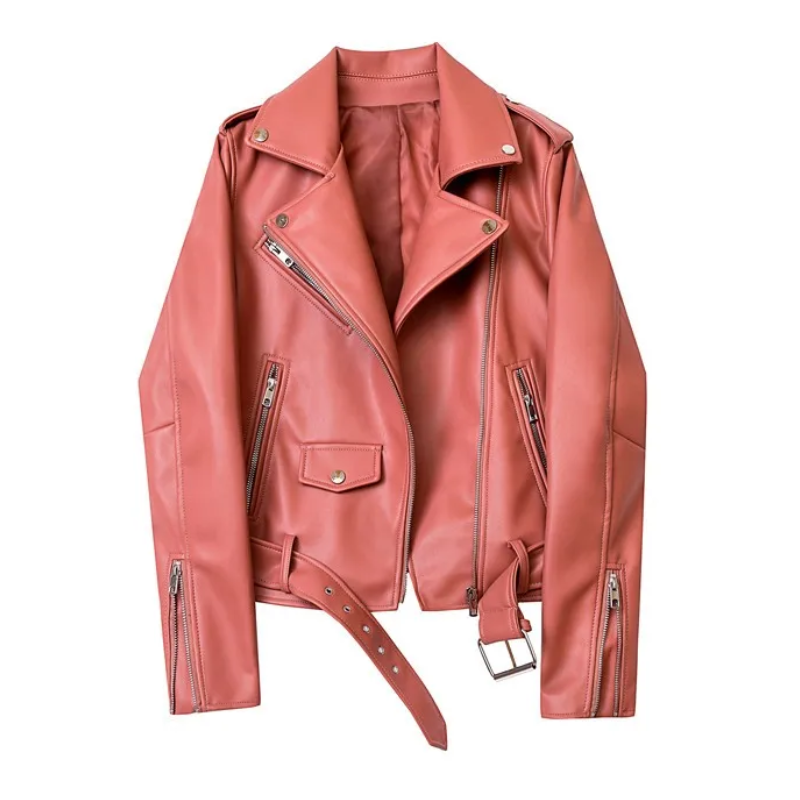 Leather Biker Jacket with Zippers and Belt
