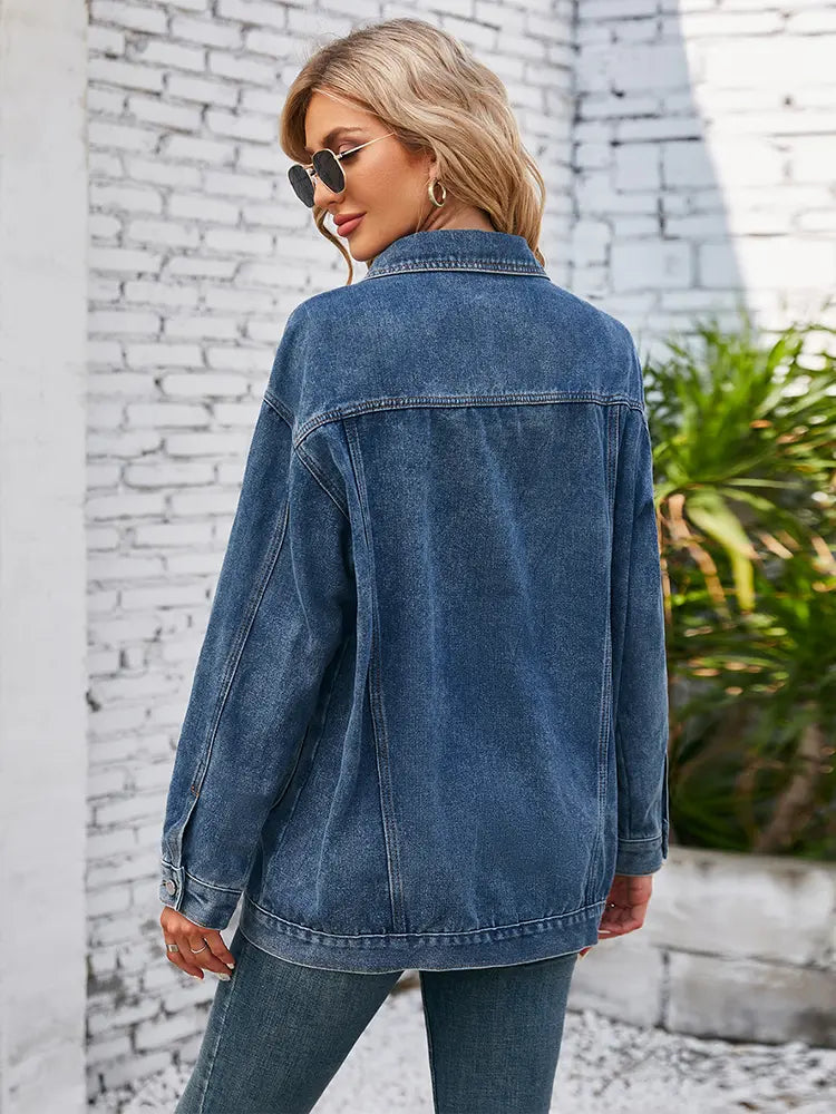 Washed Denim Jacket with Button Closure and Pockets in Blue