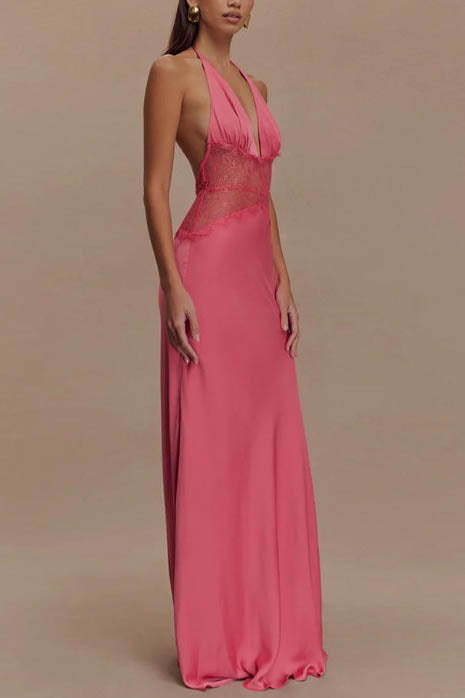 Halter Patchwork Open-Back Sexy Maxi-Length Dress