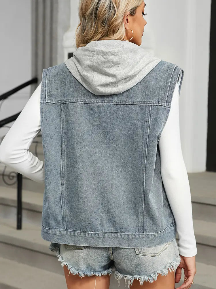 Washed Denim Vest with Hood