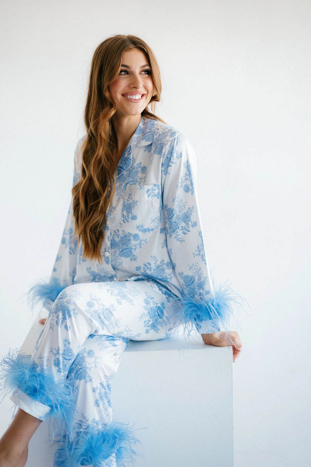 Blue Flower Print Satin Pajama Set