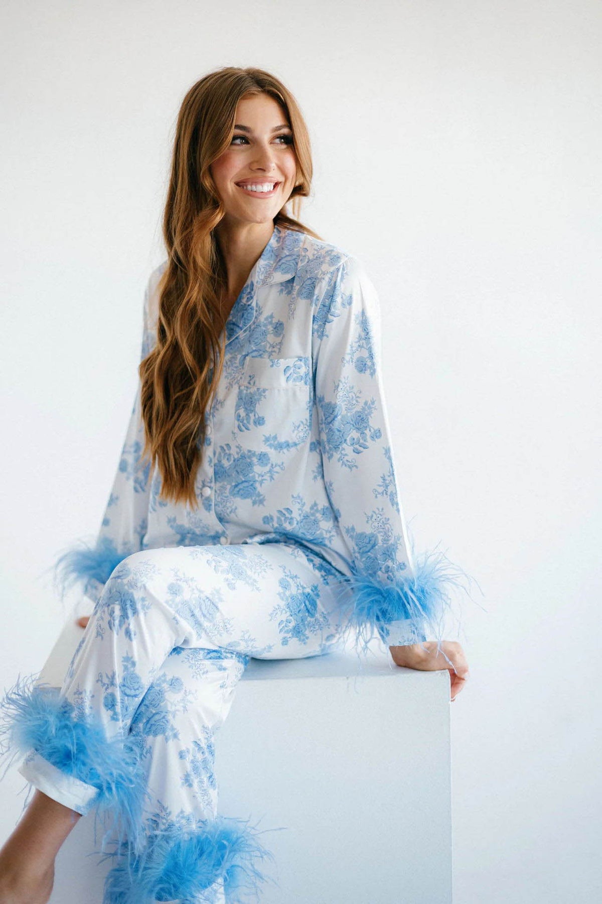 Blue Flower Print Satin Pajama Set