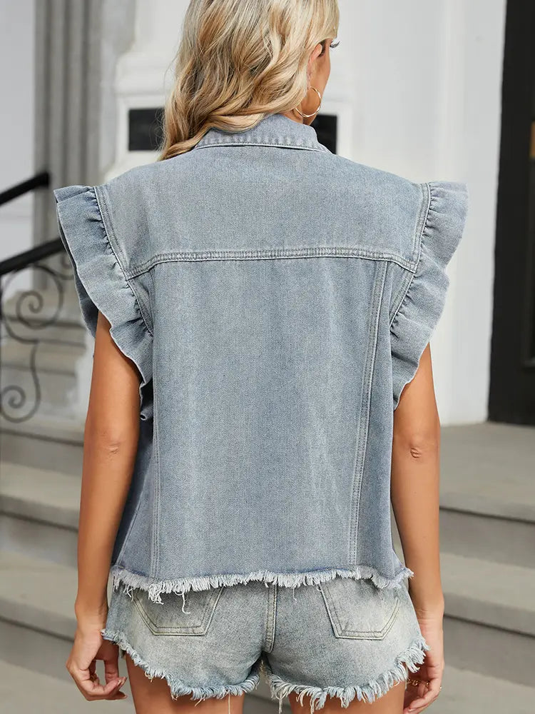 Lightweight Washed Denim Vest with Ruffle Details