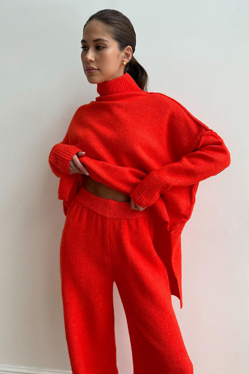 Turtleneck Split Knit Sweater Loose Knit Trousers Set