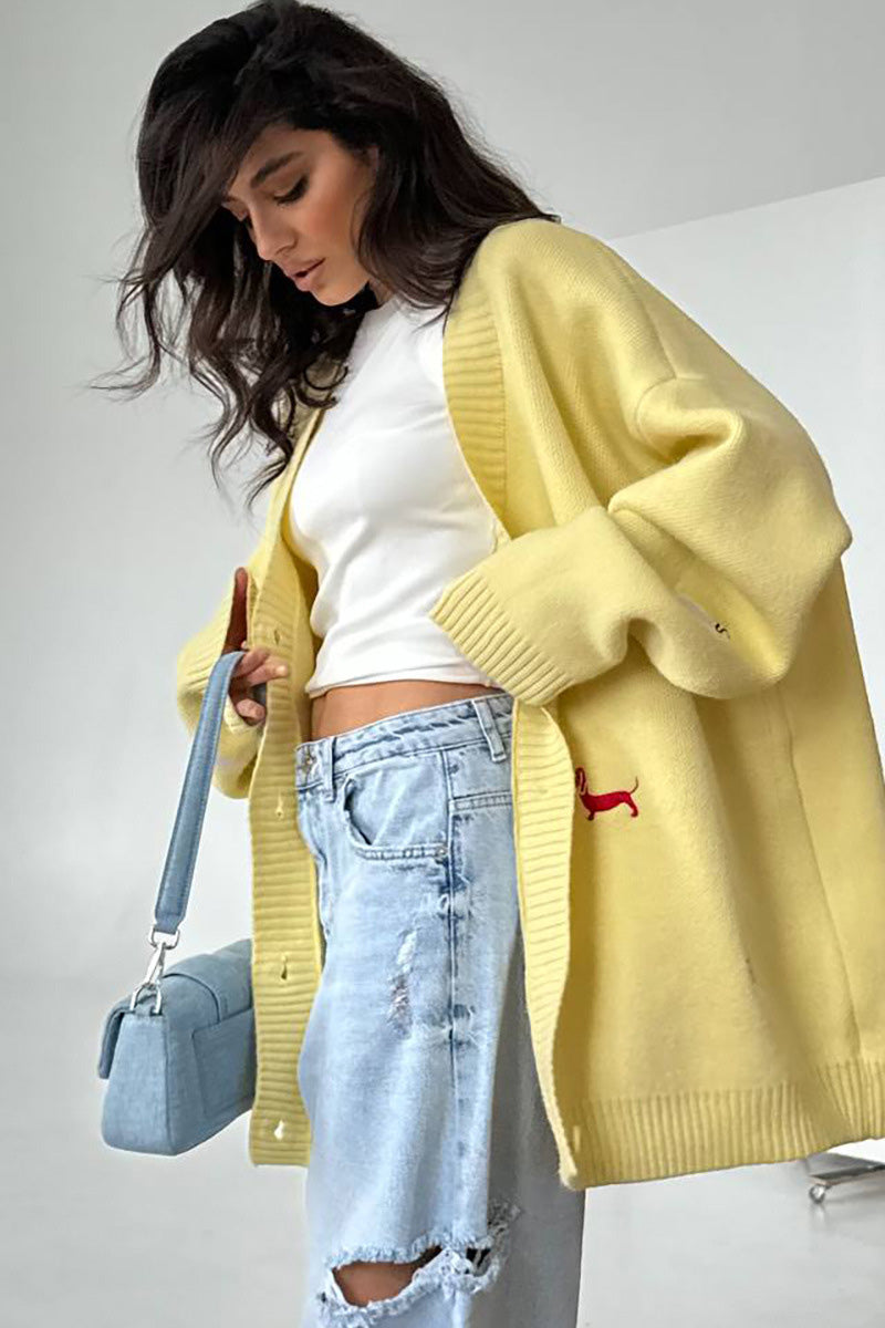 Modern V-Neck Dachshund Knit Cardigan