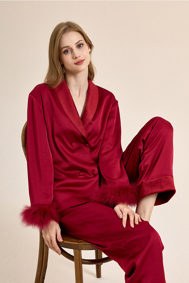 Coordinated Feather Trim Red Pyjamas Set