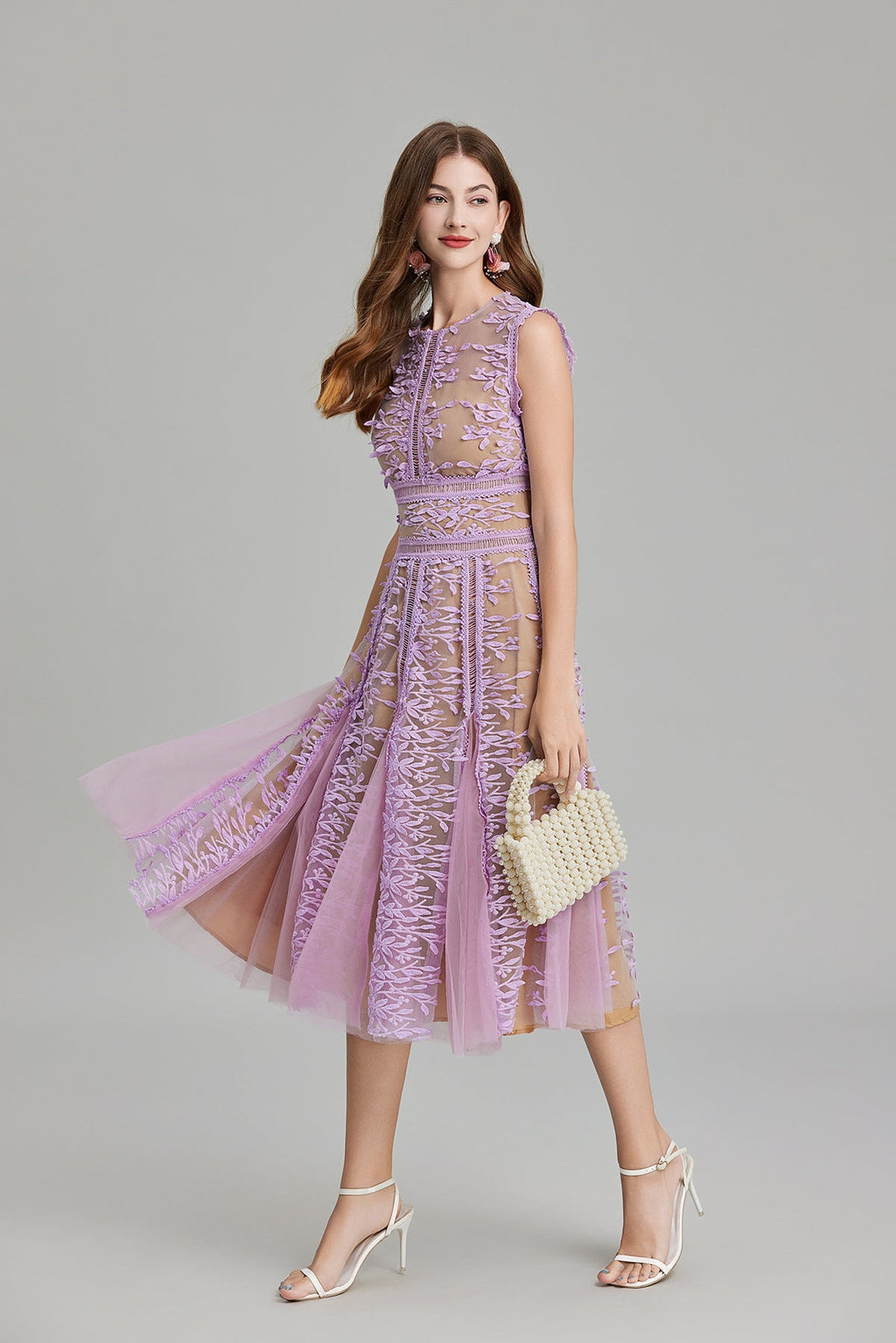 Maelle Crew Neck Mesh Embroidered Midi-Length Dress In Beige