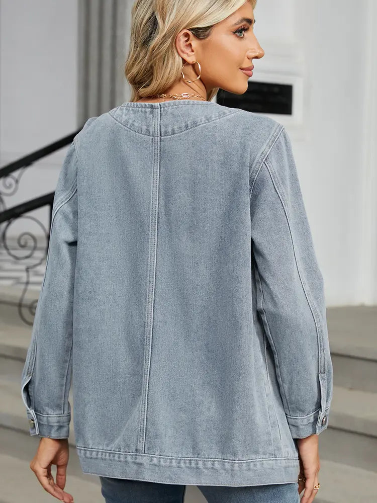 Denim Jacket with V-Neck, Button Closure and Pockets