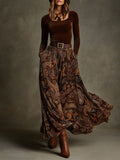 Retro Stretch Velvet Top & Paisley Print Long Skirt Set With Belt