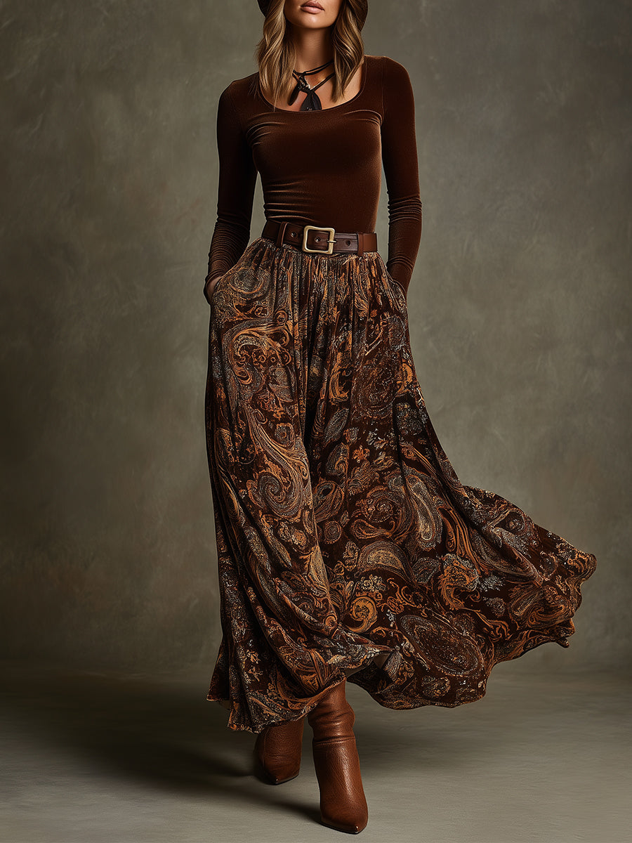 Retro Stretch Velvet Top & Paisley Print Long Skirt Set With Belt