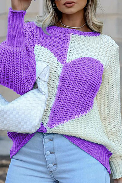 Relaxed Patchwork Contrast Crew Neck Tops Knit Sweater