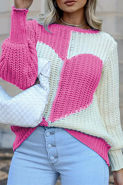 Relaxed Patchwork Contrast Crew Neck Tops Knit Sweater