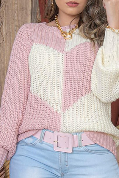 Relaxed Patchwork Contrast Crew Neck Tops Knit Sweater