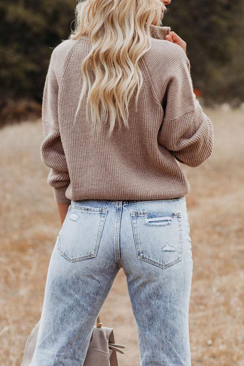 Relaxed Solid Patchwork Zipper Collar Sweaters(5 Colors)