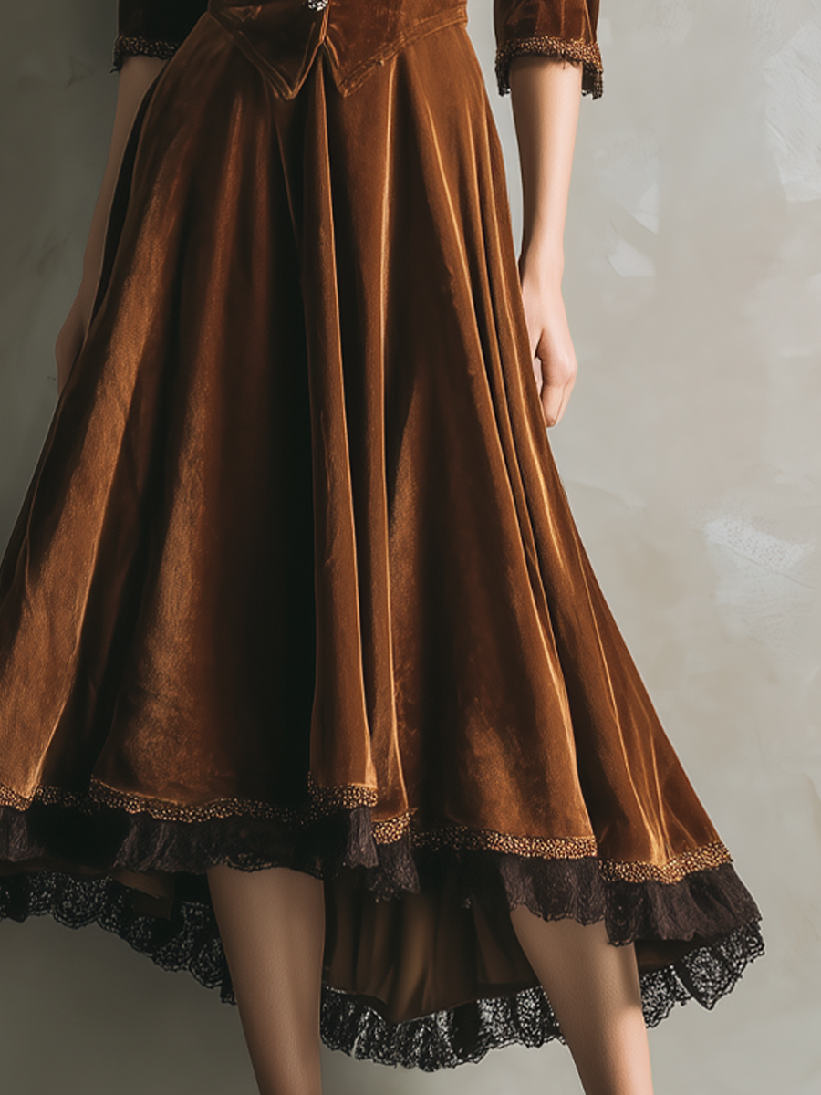 Retro Three-Quarter Sleeves Lace Velvet Midi-Length Dress