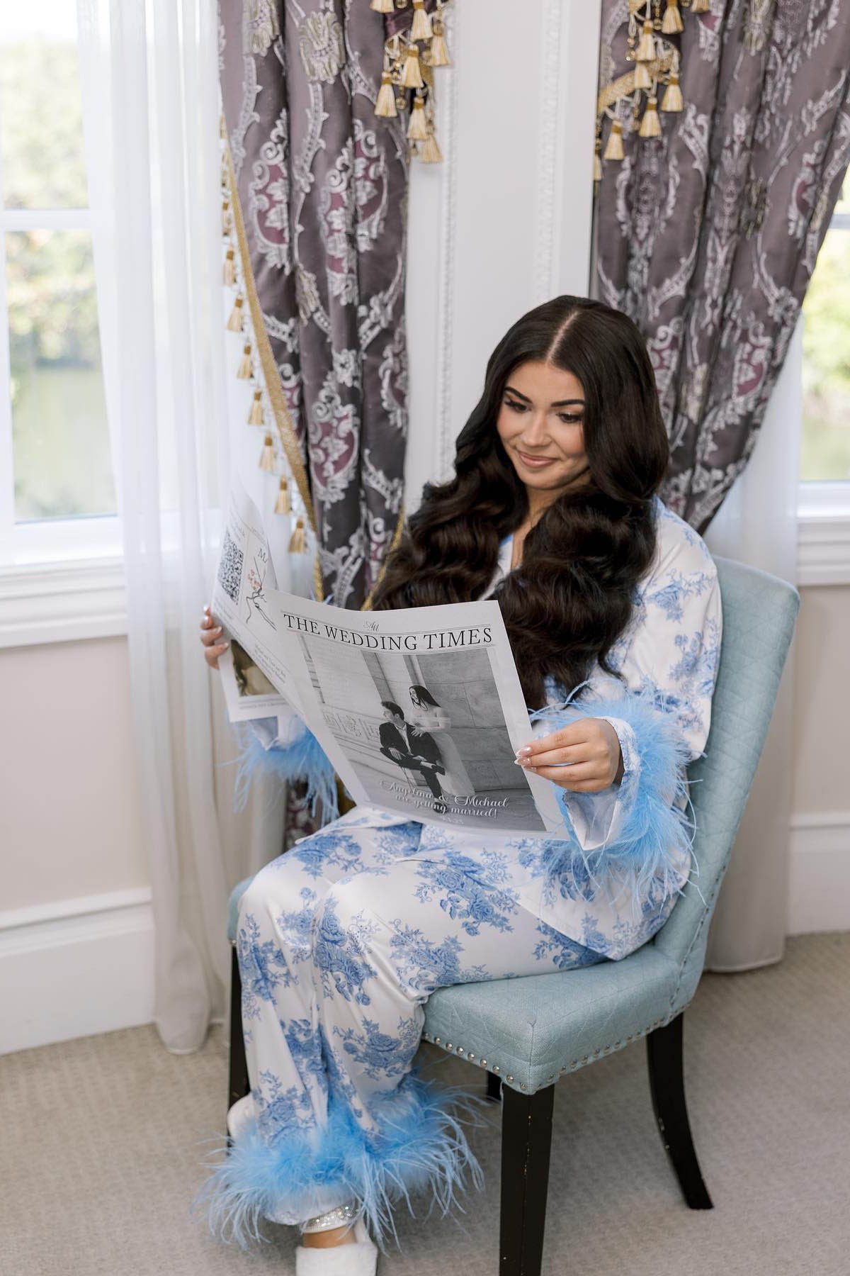 Blue Flower Print Satin Pajama Set