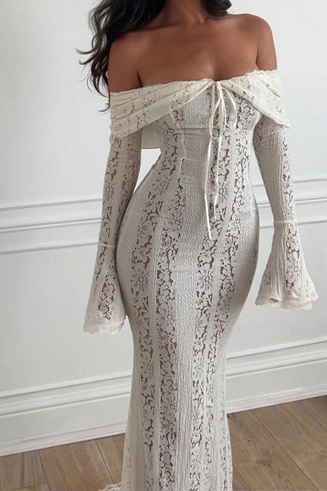 Modern Lace Flared Sleeve off-Shoulder Dress