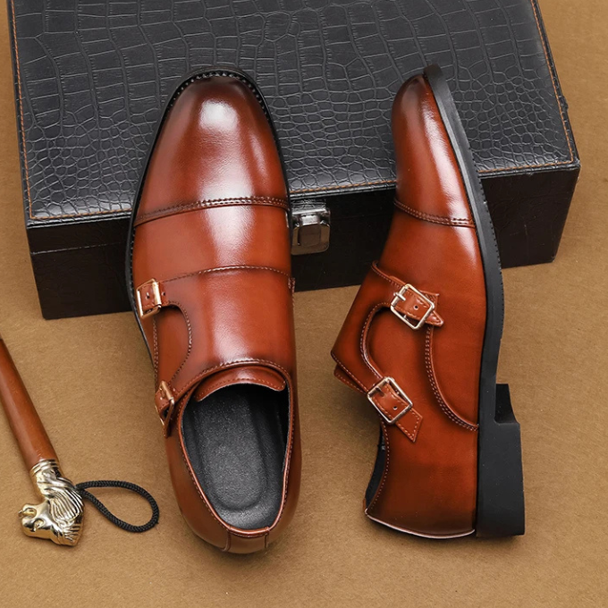 Full-Grain Leather Monk Strap Shoes with Cap-Toe Detail