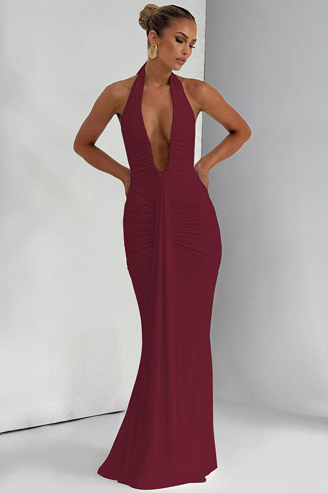 Halter Deep V Mermaid Maxi-Length Dress