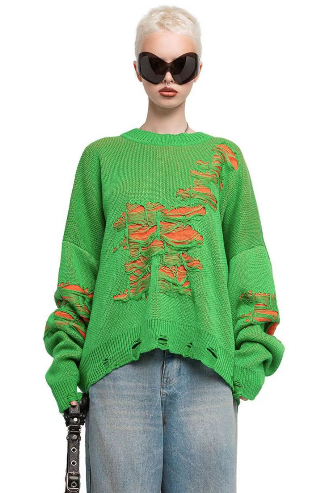 Colorblock Ripped Relaxed Knit Sweater