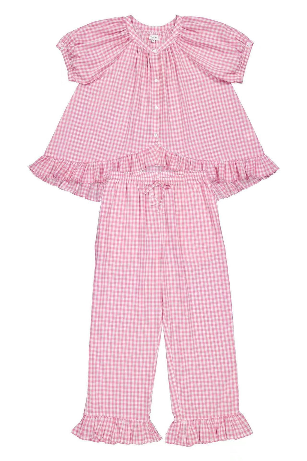 Relaxed Ruffled Plaid Print Shirt Pajama Set