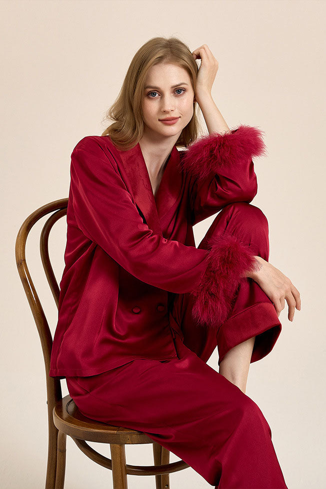 Coordinated Feather Trim Red Pyjamas Set