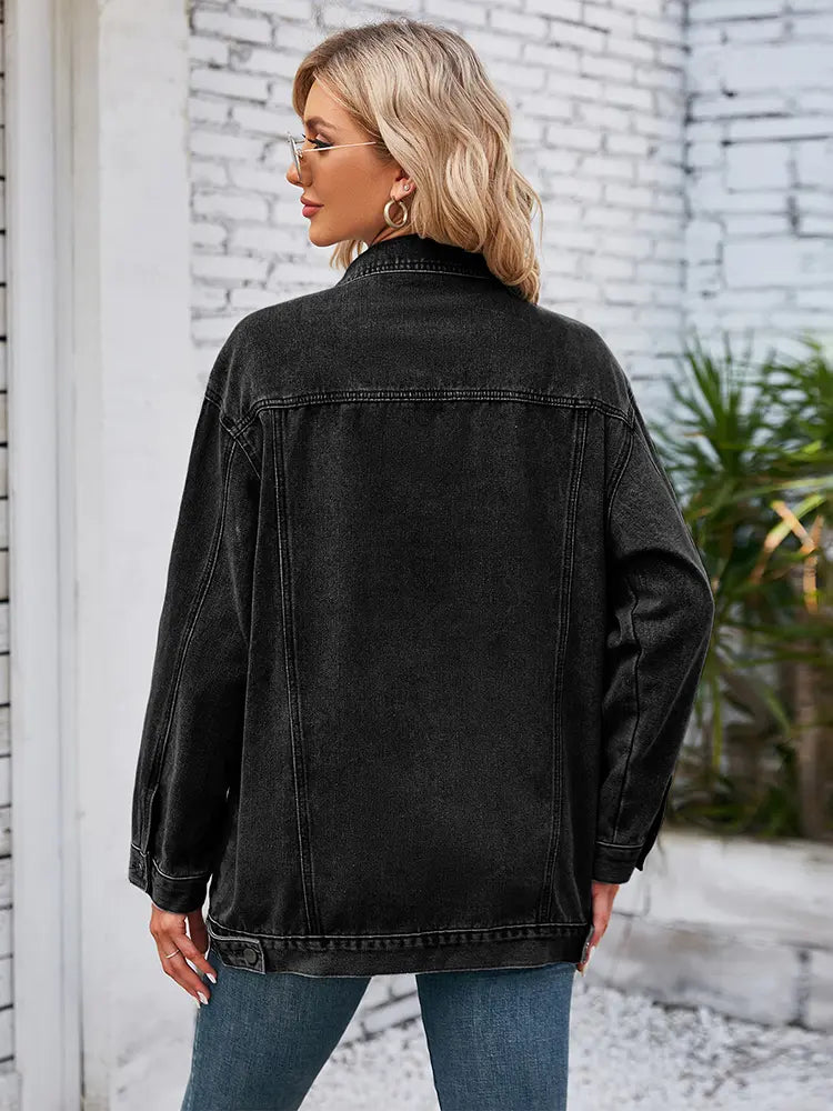 Oversized Denim Jacket with Button Closure and Long Sleeves