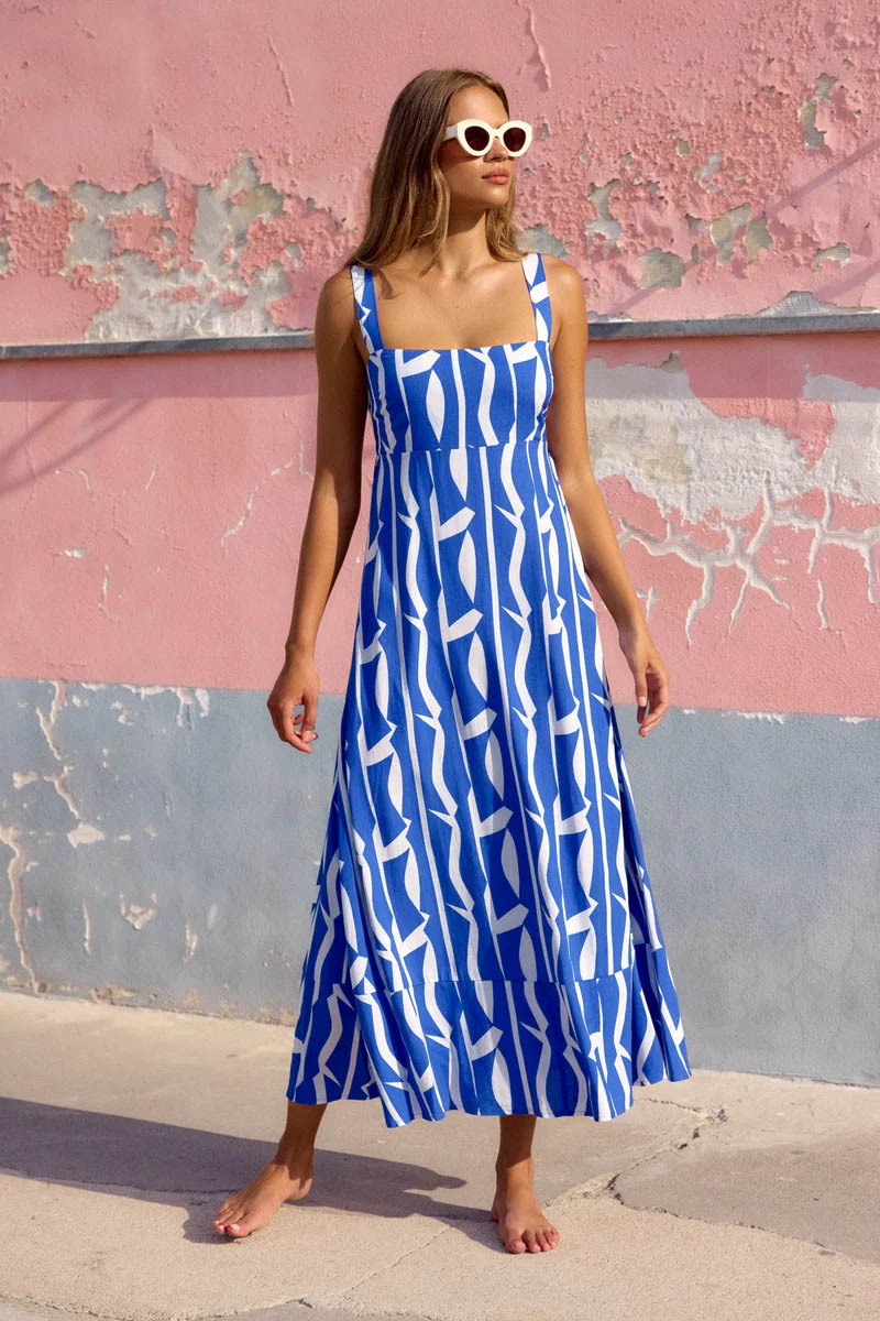Vacation-Style French Flower Print Maxi-Length Dress