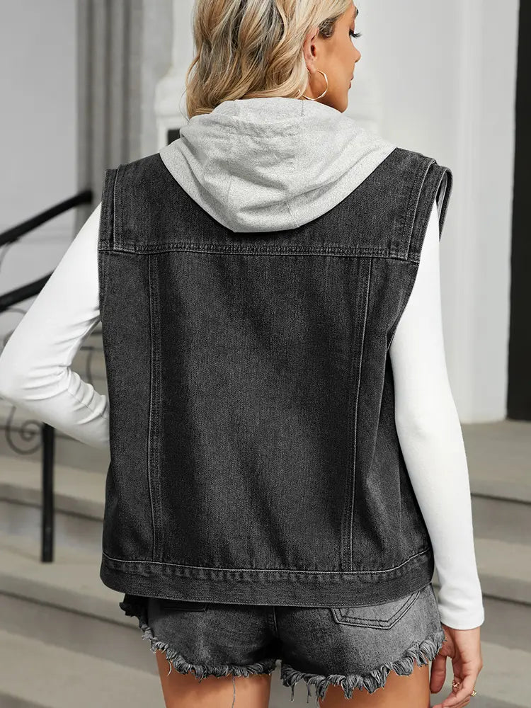 Washed Denim Vest with Hood