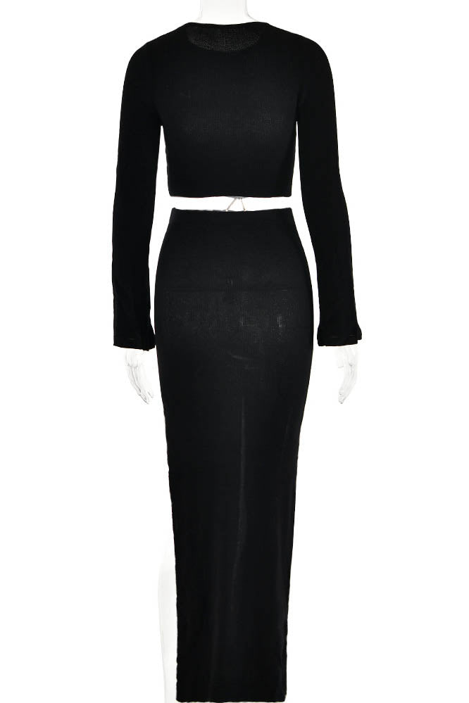 Crew Neck Knit & Slit Skirt Set