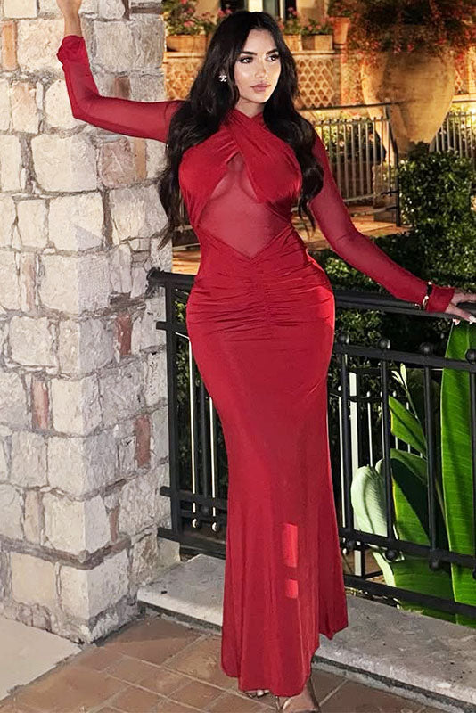 Sexy Mesh Cut-Out Maxi-Length Dress