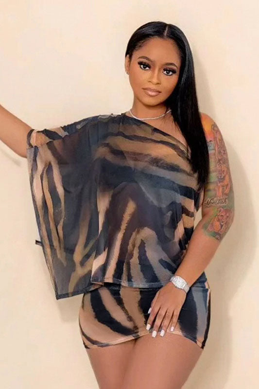 Coordinated Tiger Pattern Sheer Skirt Set