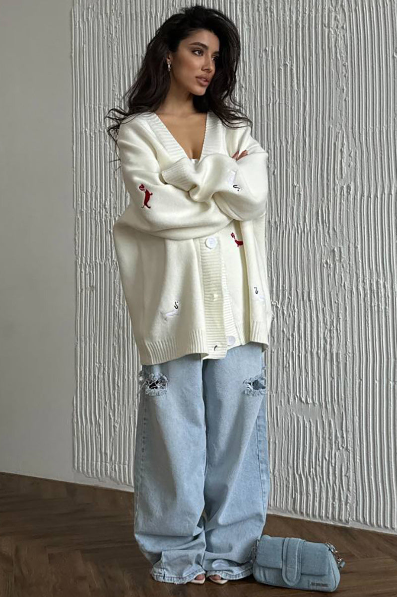 Modern V-Neck Dachshund Knit Cardigan